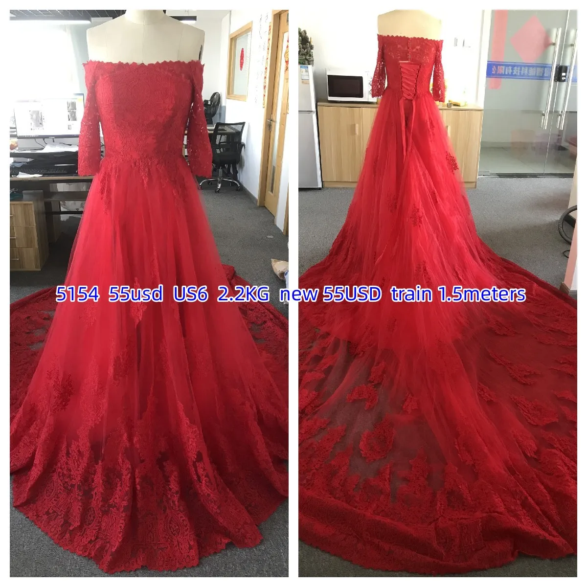 CloverBridal-vestido de novia de manga larga con hombros descubiertos para mujer, vestidos de novia chinos rojos, tren de 150cm, 5154