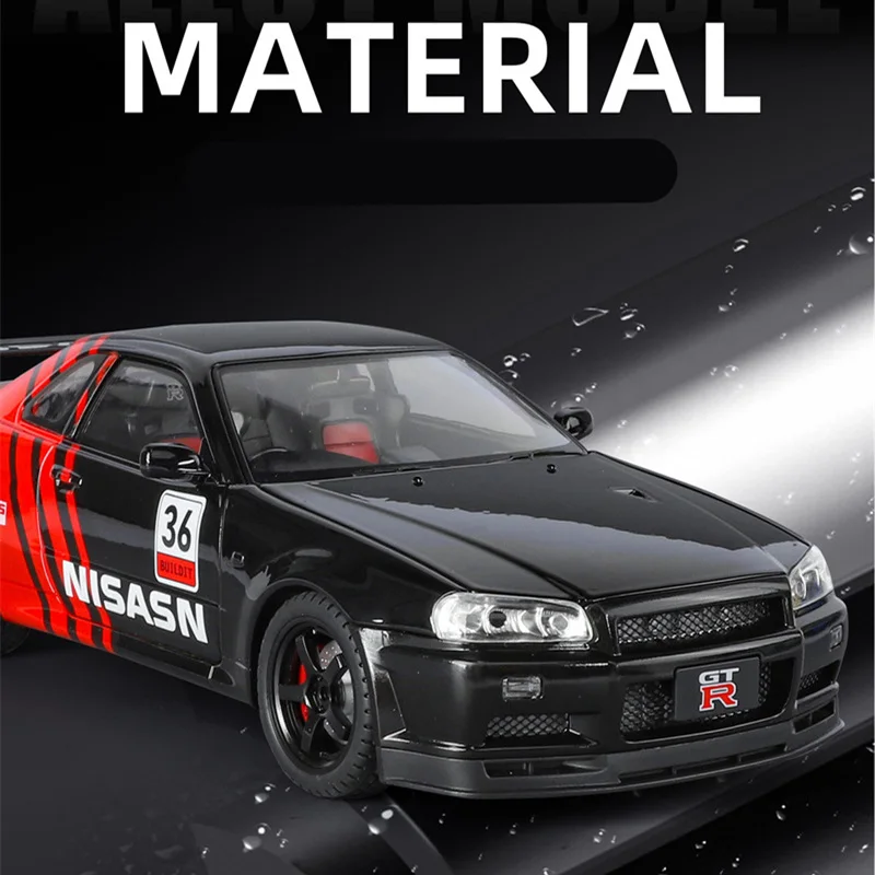 1:18 Skyline Ares GTR GT-R R34 pista de aleación modelo de coche deportivo Diecast Metal coche de carreras vehículo modelo sonido y luz niños juguete para regalo