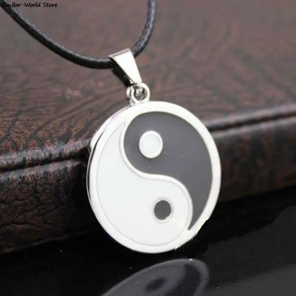 2021 New Stainless Black White Necklace  Jewelry Vintage Steel Men PU Leather Necklaces Yin Ying Yang Pendant Necklace