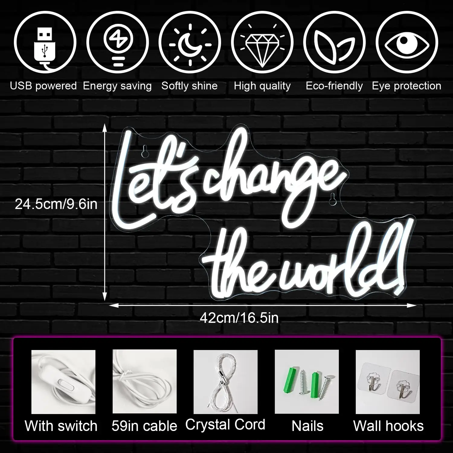 Let's Change the World LED Neon Sign USB Powered, Dimmable Wall Light for Bedroom Living Room Home Decor Gift