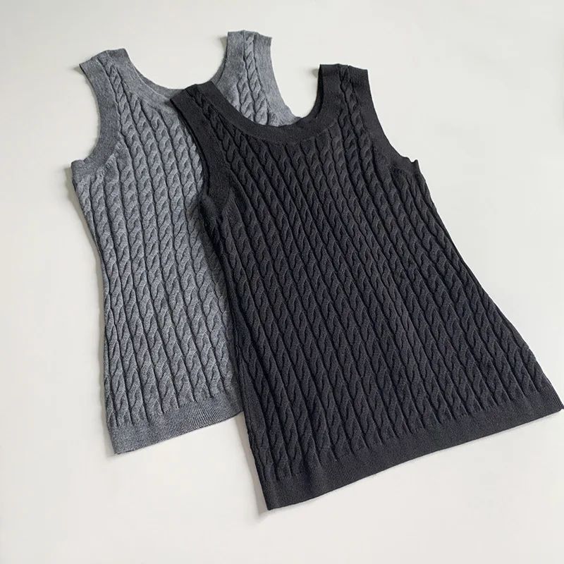 European and American Niche New Product Twist Knit Vest Full Wool Stretch Thin Knit Tank Top Women