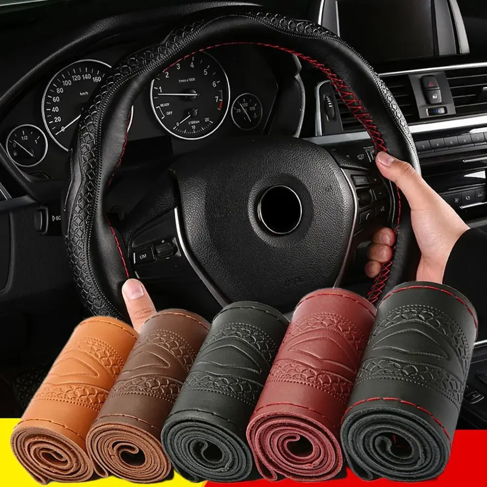 Genuine Leather Car Steering Wheel Cover Men Women Hand Sewing 14.5-15