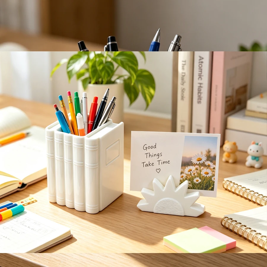 2-Piece Set of Book-Shaped Pen Holders and Sun-Shaped Note Holders. White, Simple, and Stylish Desktop Stationery Organizer in Book-Style Design. the Pen Holder Can Store Various Types of Learning and Office Stationery Such as Fountain Pens, Pencils, Markers, Rulers, Etc. the Sun-Shaped Note Holder Can Hold Note Paper, Photos, Cards for Memo Purposes and Display. Suitable for Multiple Settings Such as Home, Study Room, Office, School Classroom, Desk. Creative Design That Combines Practicality and Decoration. Ideal for Students and Office Workers