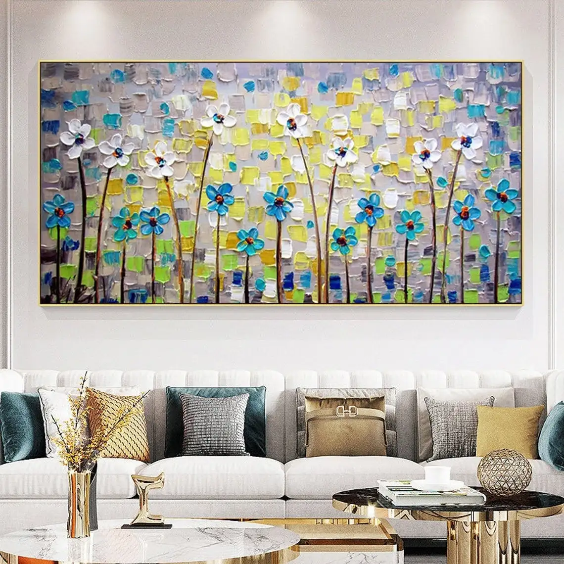 

3D Hand Painted Oil Painting on Canvas Large Textured White Blue Cherry Acrylic Painting Large Wall Art Living Room Wall Decor