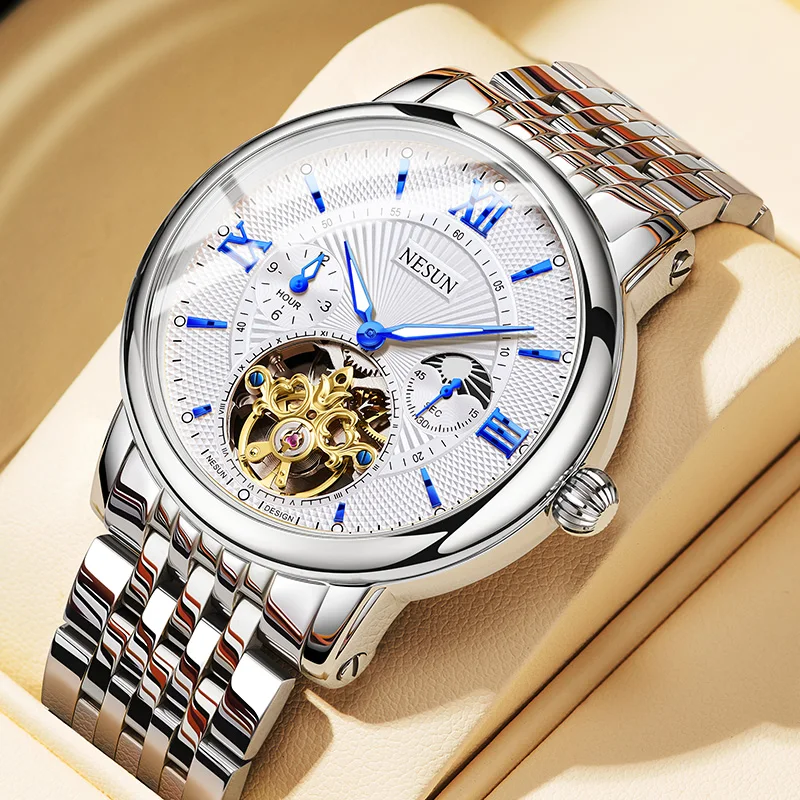 Orologio meccanico da uomo NESUN, movimento potente completamente automatico, orologio meccanico da lavoro luminoso autentico in acciaio inossidabile per