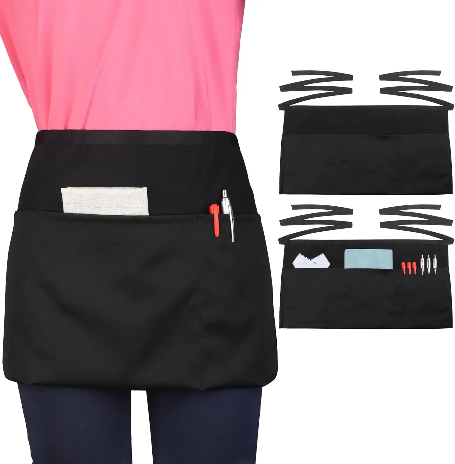 

Server Waitress Waist Apron - Half Apron with 3 Pockets,Black Short Aprons for Servers,Waiter Apron