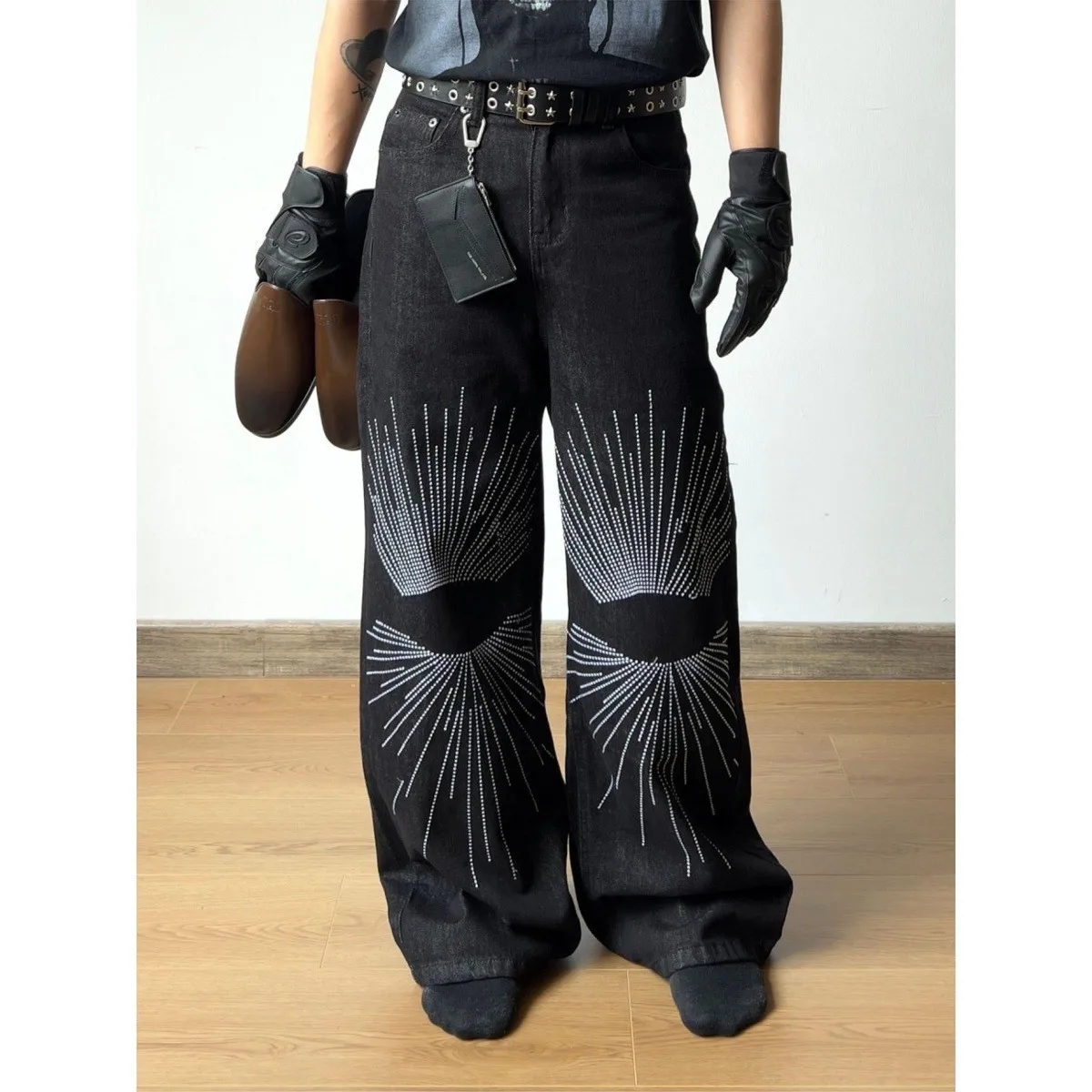 

Retro Street Sle Embroidered Wide Leg Men's Jeans High Waist Clean Fit Loose Long Trousers American Unique Design Sense