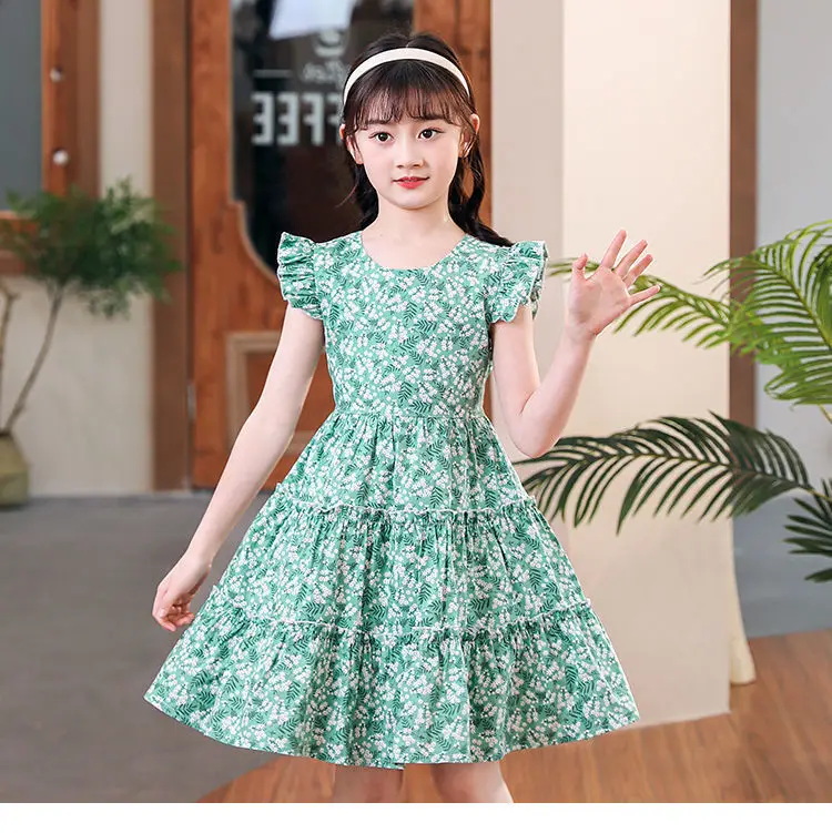 2024 teenager Summer baby Girls Flying Sleeve pink Dress floral Clothes lace Off Shoulder Pleated skirt 5 6 7 9 10 12 14 years