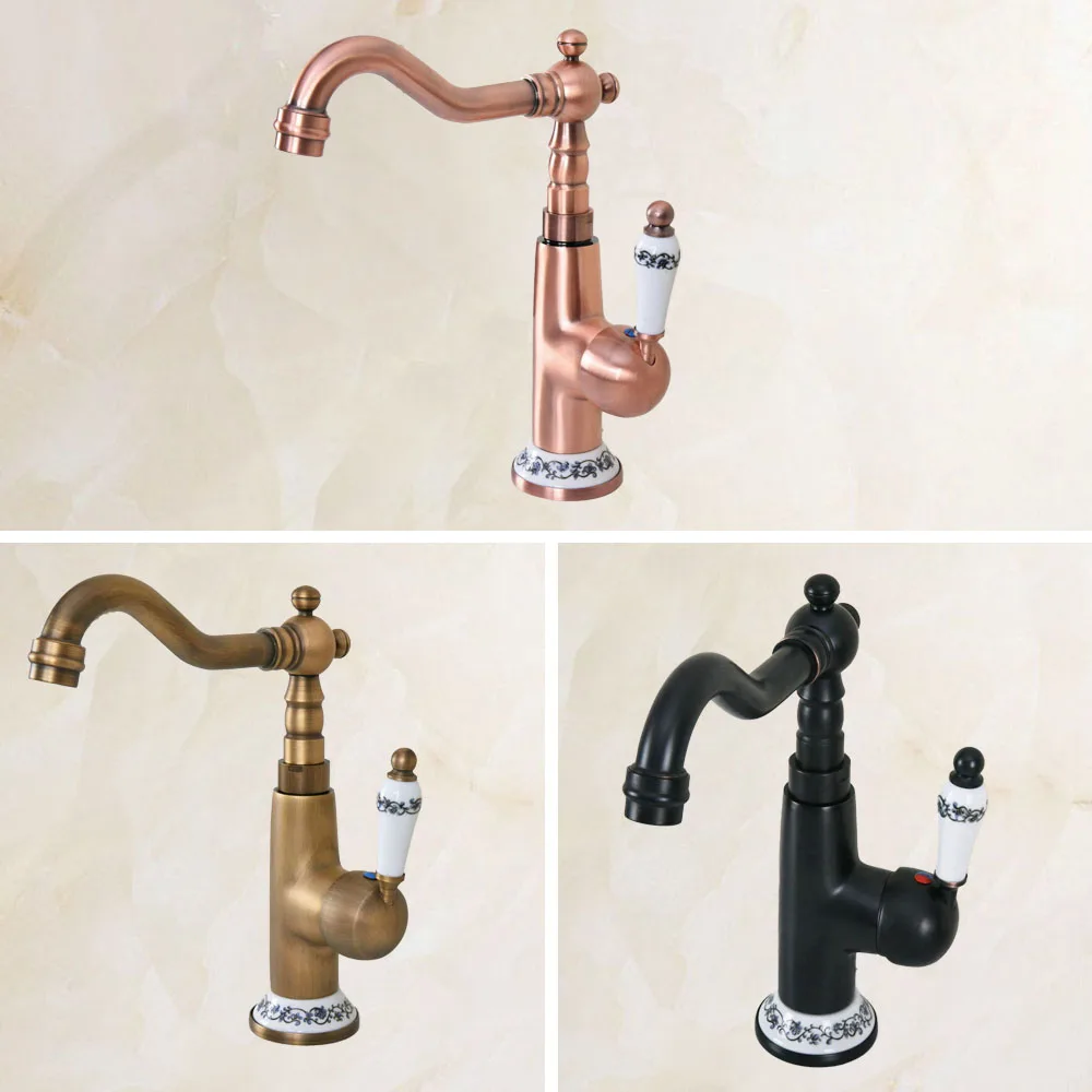 Deck Mounted Brass Single Handle Kitchen Bathroom Basin Sink Swivel Spout Faucet One Hole Hot Cold Mixer Water Tap azh035