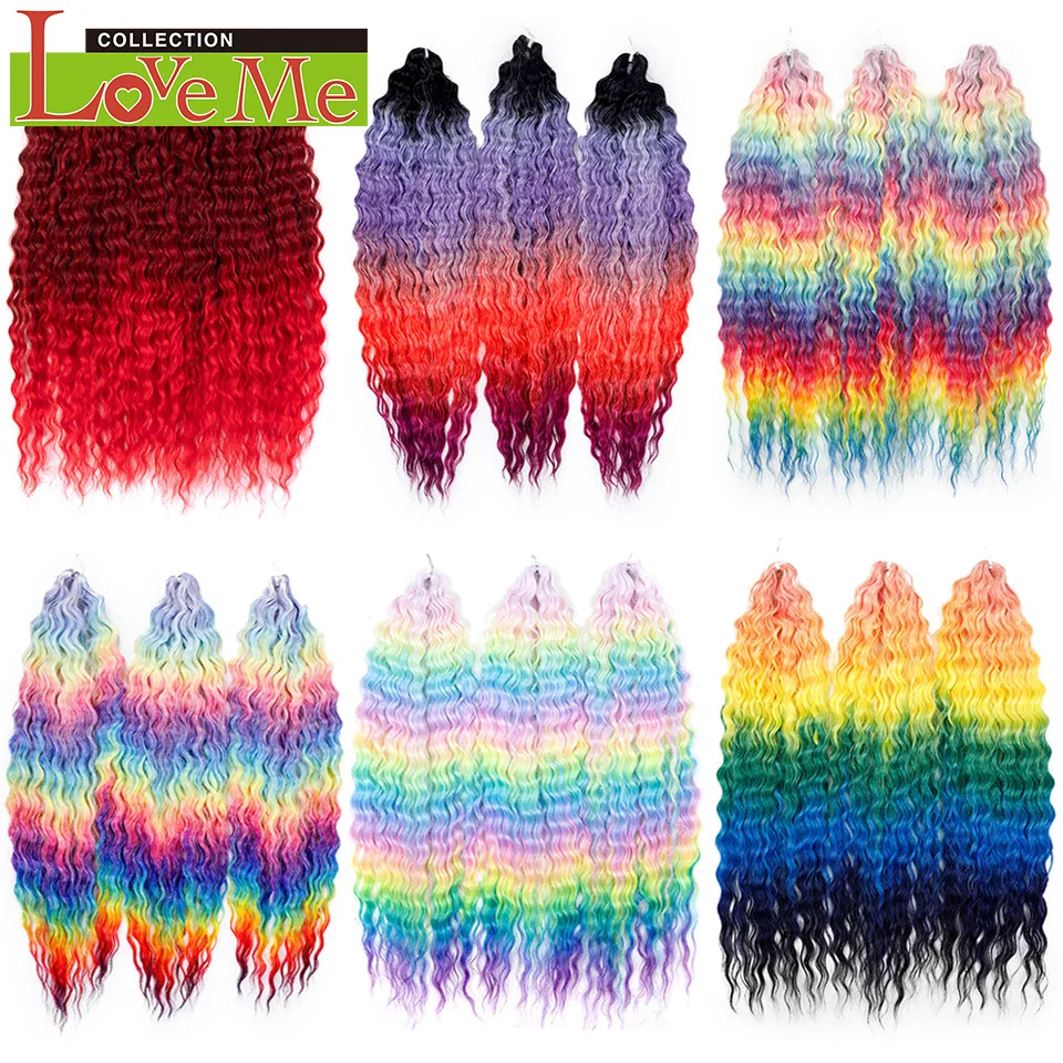 LOVE ME 22 Inch 300g/3pcs Ariel Curl Hair Water Wave Twist Crochet Hair Synthetic Ombre Rainbow Color Braiding Hair Extensions