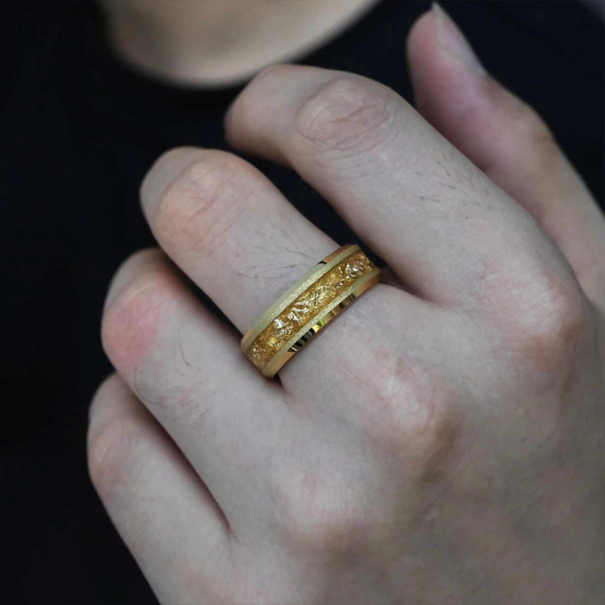 8/6mm Gold Color Tungsten Couple Wedding Bands Inlaid Gold Leaf Men Woman Luxury Engagement Promise Daily Wear Ring Comfort Fit