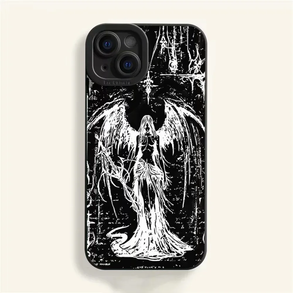 Luxury Black Angel Death demon Silicone Phone Case Protection For iPhone 16 15 14 13 12 11 Pro Max 15 16 PIus XS XR X Y2K Coque