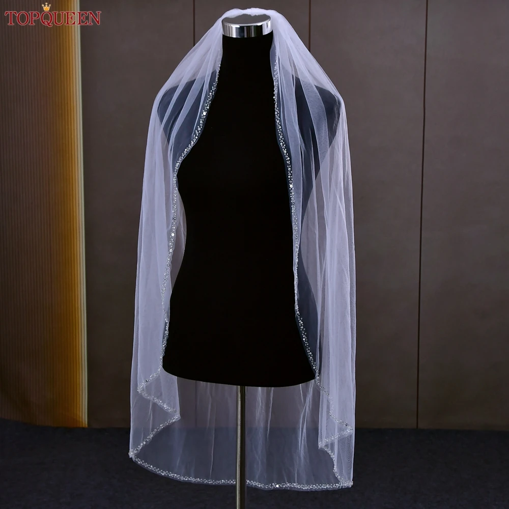 TOPQUEEN V128 ブライダルウェディングベール クリスタルビーズエッジ ブライダルベール ロング クリスタルエッジ付き ウェディングアクセサリー カスタマイズ可能