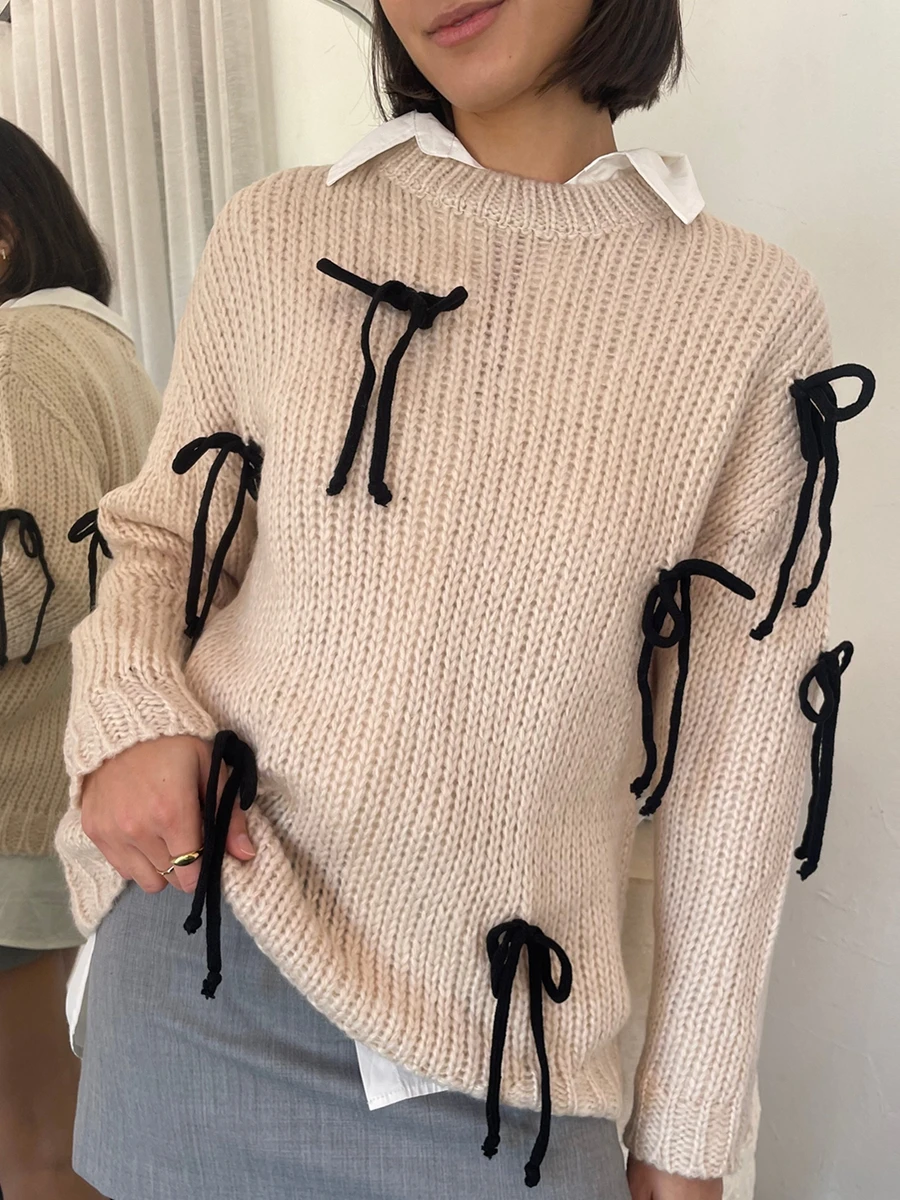 Autunno stile Preppy papillon sudore maglione allentato Top donna inverno moda Patchwork pullover a contrasto signore Streetwear Top