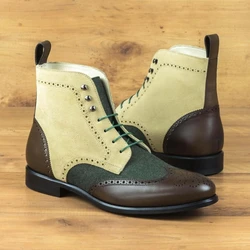 New Block Men Short Boots  Mixed Colors Lace-up Square Toe Ankle Strap Handmade Men Ankle Boots  Botas De Hombre