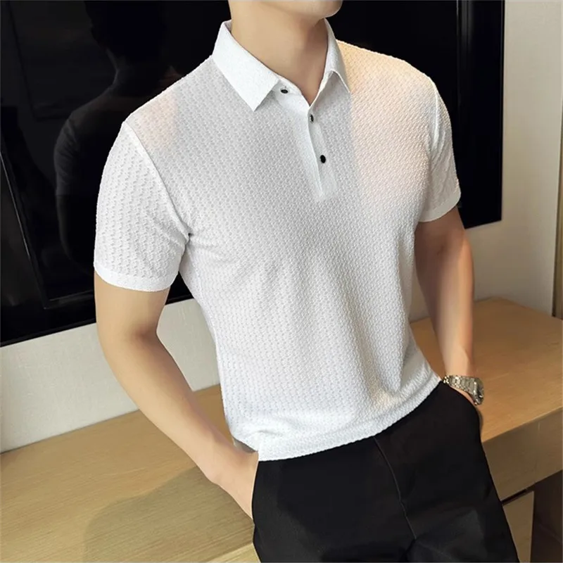 

Summer Men's Smart Casual Polo Shirt Solid Color Turn-Down Collar Breathable Polos Tops Male Slim Fit Waffle Short Sleeve Tees