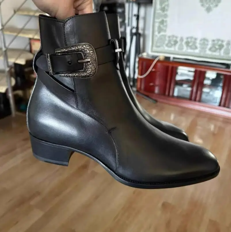 Fashion Cow Leather Men Ankle Boots Men's Chelsea Boots Metal Buckle Pointed Personality Cowhide Black Leather Med Heel Booties