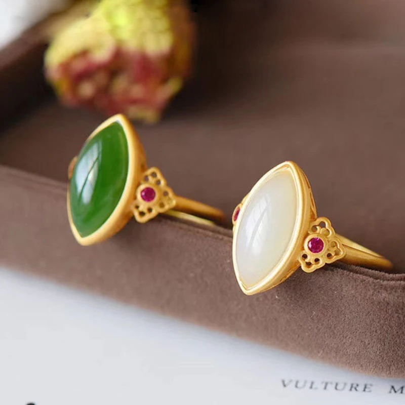 New Design Inlaid Natural Hetian Jade Green Marquise Adjustable Ring Vintage Style Elegant Delicate Ladies Brand Jewelry