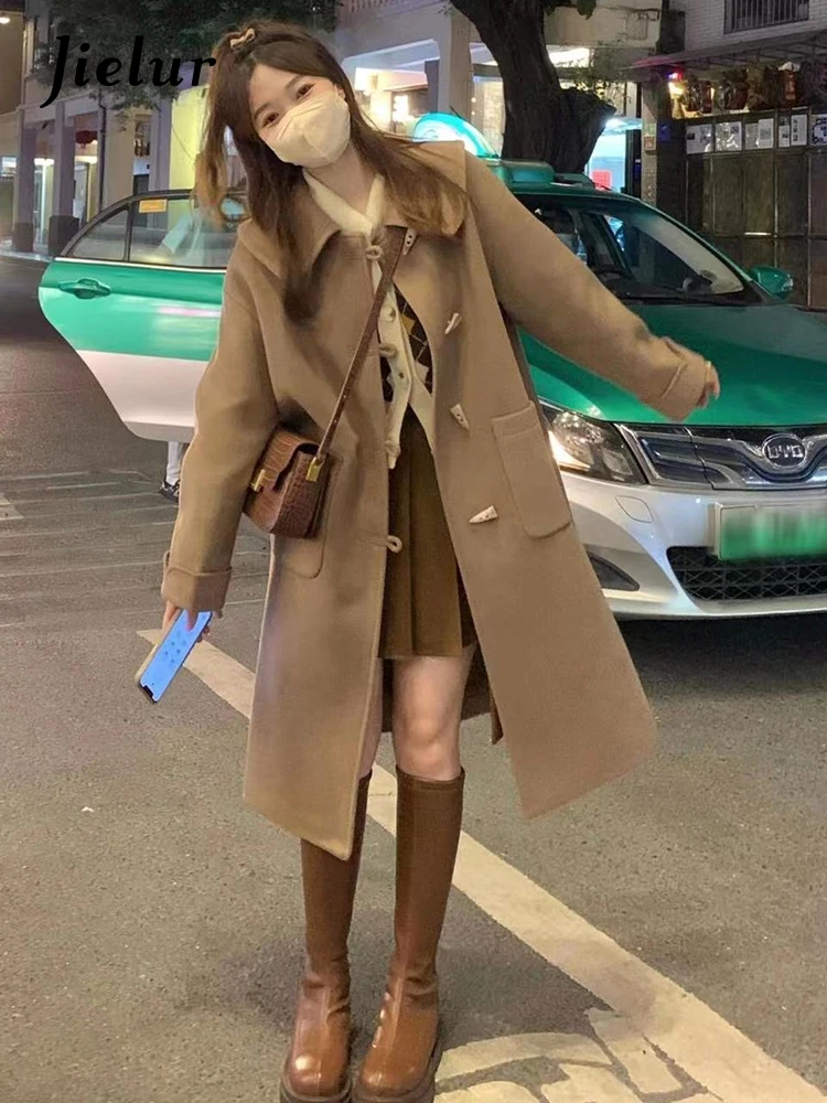 

Jielur Chicly Horn Button Thick Women Long Trench Autumn New Slim Fashion Pockets Solid Color Basic Simple Casual Female Trench