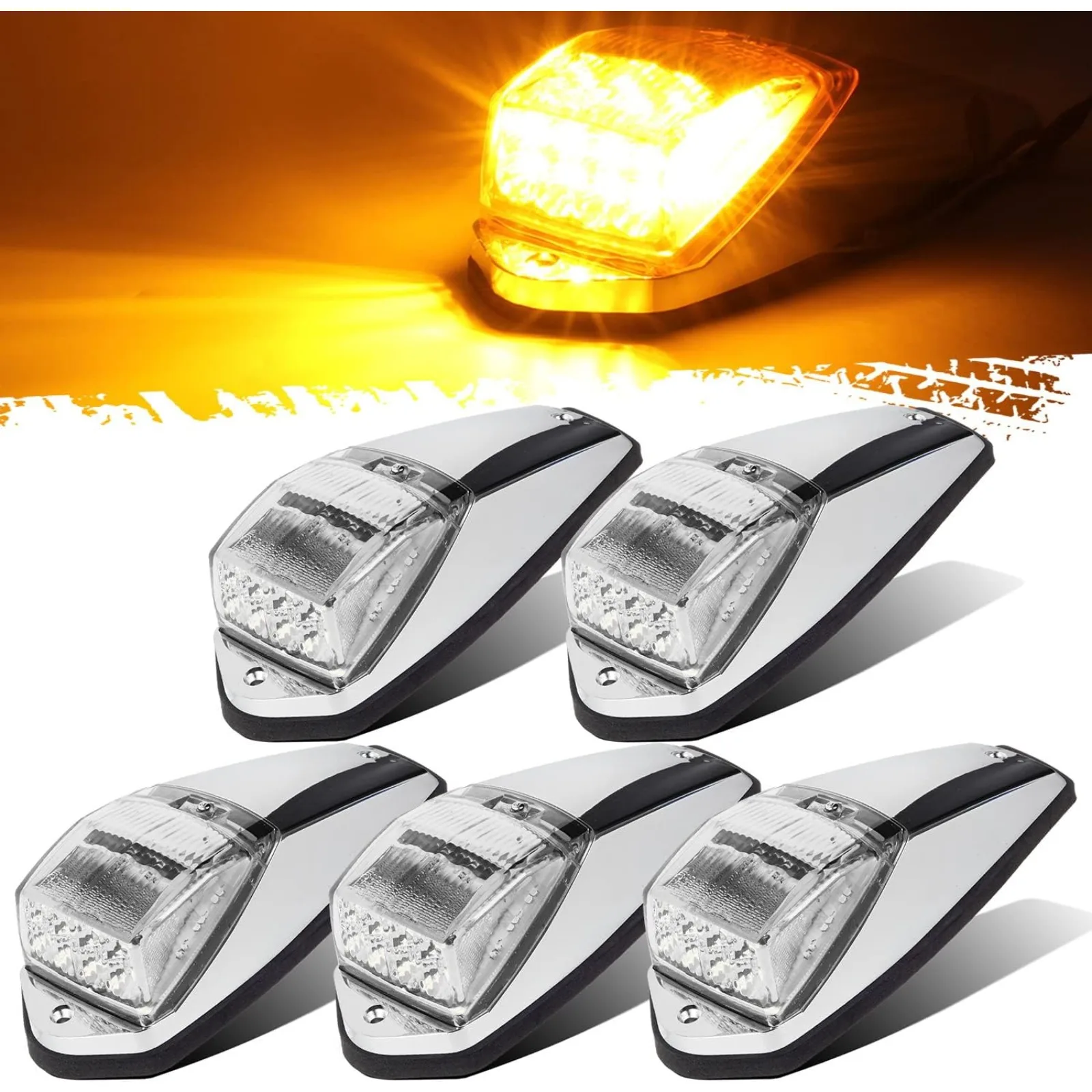 US  5pcs Clear Lens 31LED Amber Cab Marker Top Roof Running Lights w/Chrome Base Compatible with Peterbilt/Kenworth/Freightliner