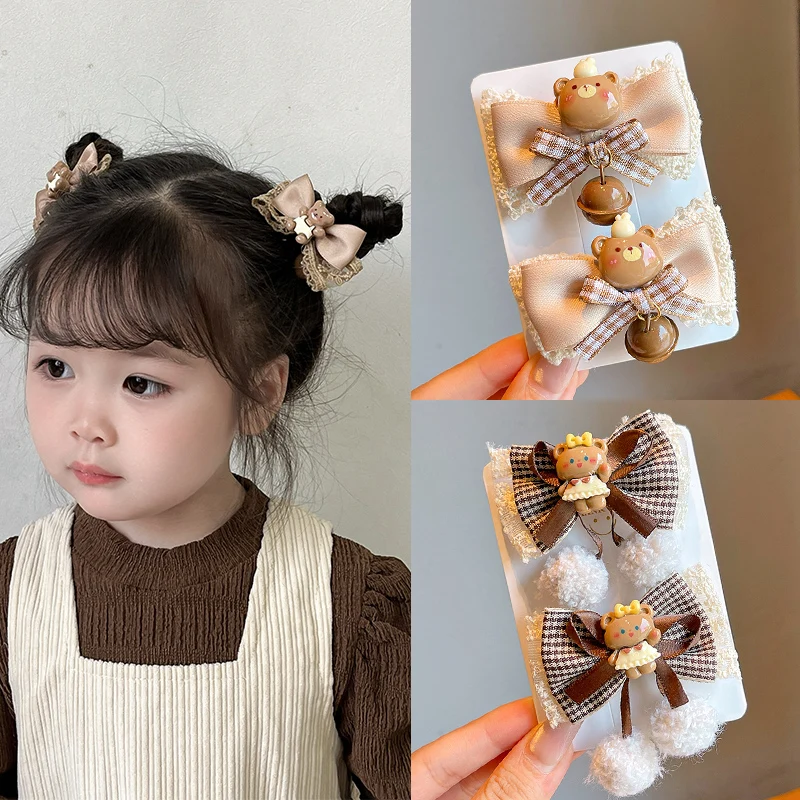 2Pcs/Set New Children Classic Bear Brown Bowknot Ornament Hair Clips Baby Girls Cartoon Barrettes Hairpins Kids Hair Accessories