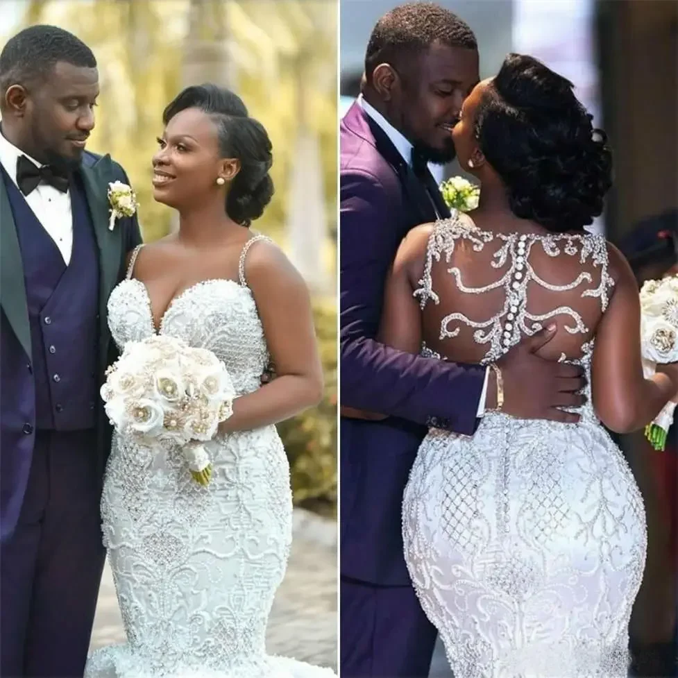 맞춤형 스파게티 인어 웨딩 드레스 플러스 사이즈 아프리카 레이스 페르시 아가 목 신부 가운 버튼 백 Tulle Beach