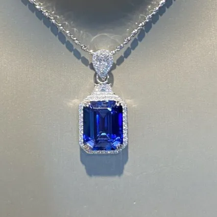 

New S925 silver rectangular 13 * 16 cultivated red blue treasure/emerald 15ct necklace [single pendant] wedding jewelry