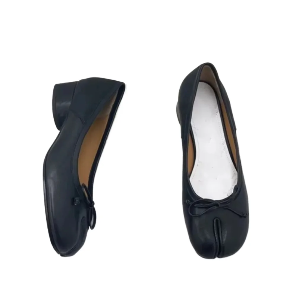 European and American 2025 spring new split toe single shoe women's middle heel leather shallow sheep's skin pig's hoof shoes