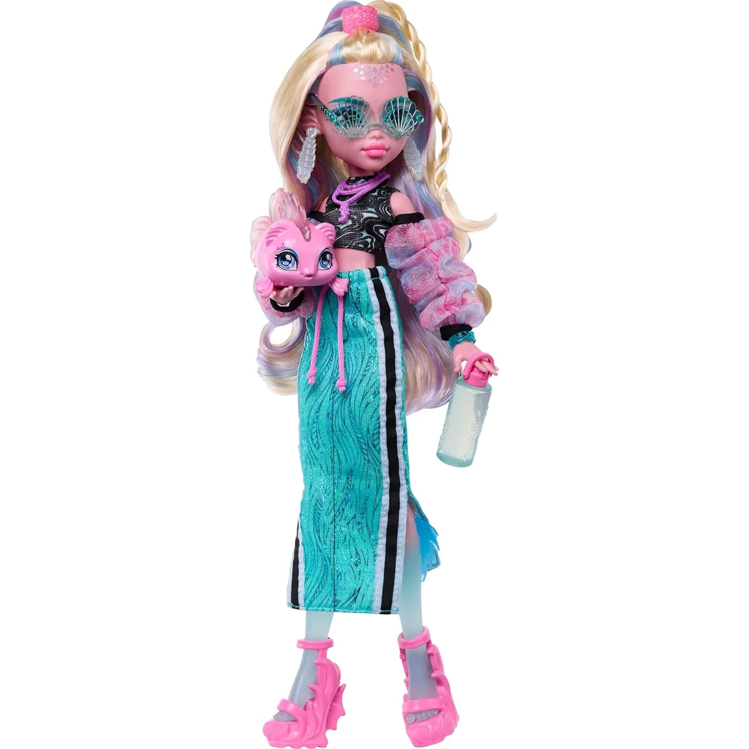 2026 Neue Original Mattel Monster High Puppe Lagoona Blau im sportlichen Maxirock mit Haustierfisch Neptuna Spielzeug für Mädchen Geschenke JHK33