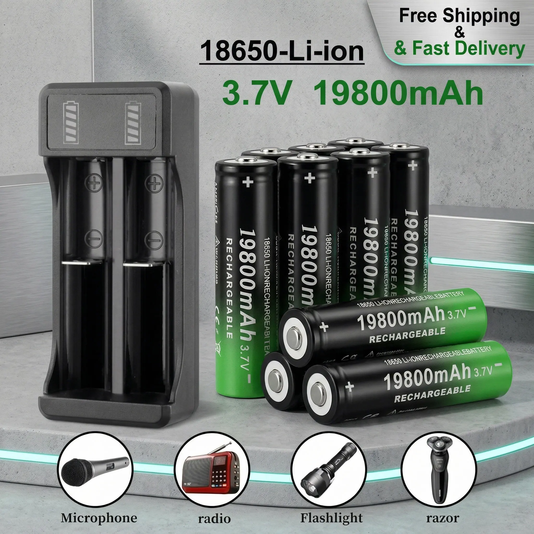

18650 Battery 3.7V 19800mAh Li-ion Rechargeable with Battery Charger, Ideal for LED Flashlights and Torches