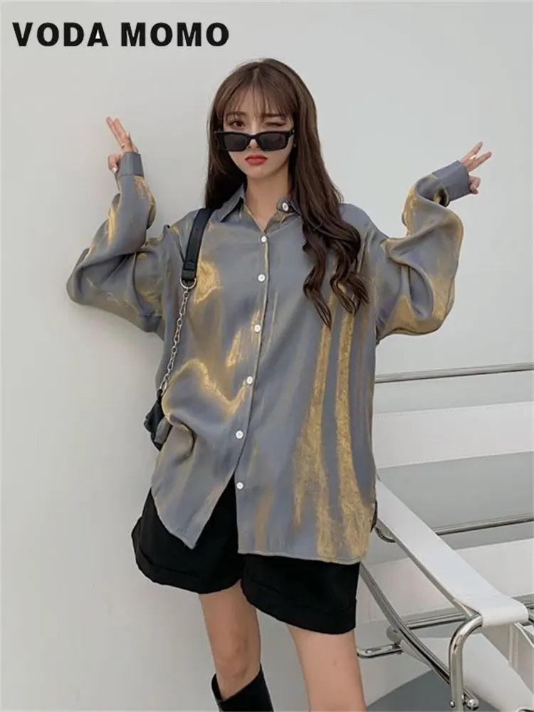 Spring Summer Korean Elegant Women ShinyBlouses Tops Long Sleeved Silk Shirts Gradient Shirts Loose Glossy Shirts Languid Wind