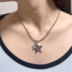 Vintage Stainless Steel Zircon Star Pendant Round Chain Necklace for Women Girl Korean Fashion Punk Y2K Jewelry Accessories