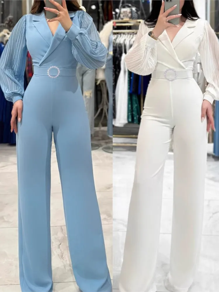 Jumpsuit ramping elegan baru pakaian terusan kaki lebar lengan panjang Ruched Lapel kasual mode wanita pakaian satu potong trendi dengan sabuk