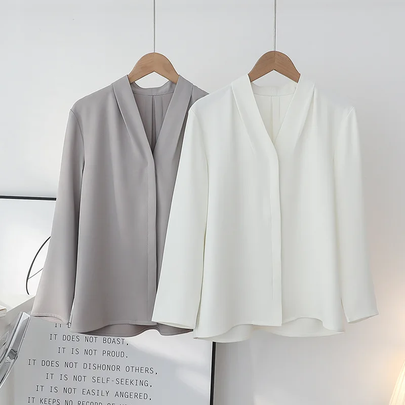 

Spring 2026 Women's Professional Long Sleeve V-Neck Shirt Comfortable Breathable Grey White Casual Commute Interview Top
