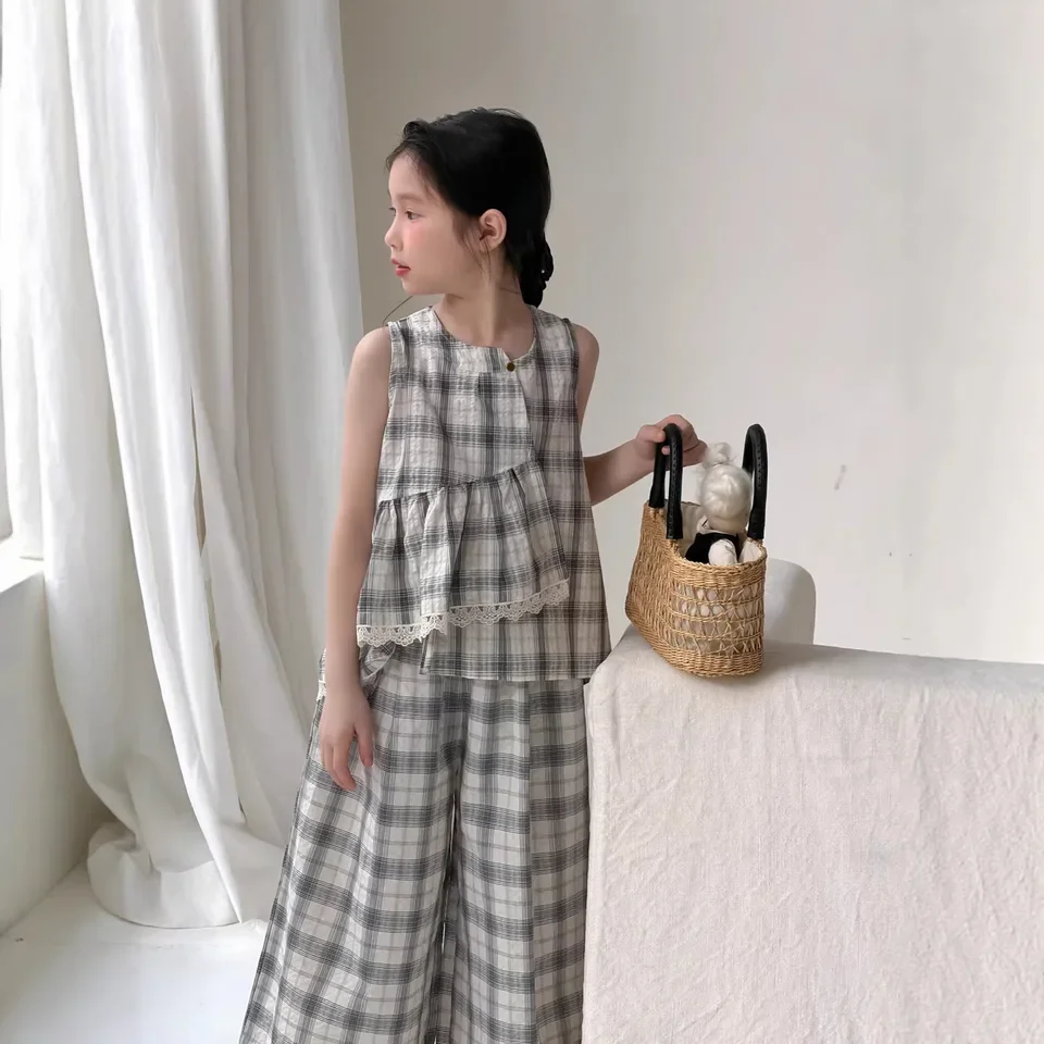 Children Set 2026 Summer Girls Korean Lace Checkered Two-piece Set Children Casual Wide Leg Pants Set