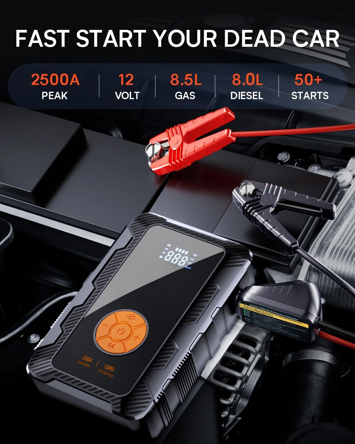 [TypeC 45W Upgraded] X6 Jump Starter with Air Compressor 20000mAh, 2500A Car Battery Jumper Starter Portable (8.5L Gas/8.0L