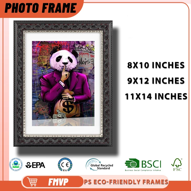 

11x14 Black Frame with Silver Carvings Perfect for Urban Art Featuring Panda in Purple Suit with Money Bag Display Frame
