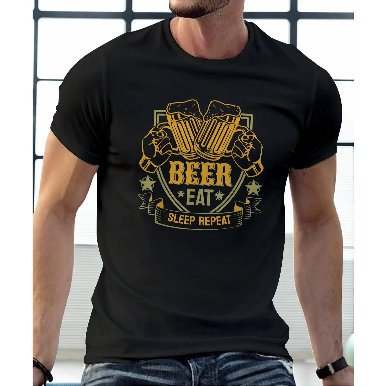 

Men'S Casual Crewneck T-Shirt with Beer Graphic - Short Sleeve, Soft Cotton, Summer Style, Casual Wear Tee | Playful Beer Design