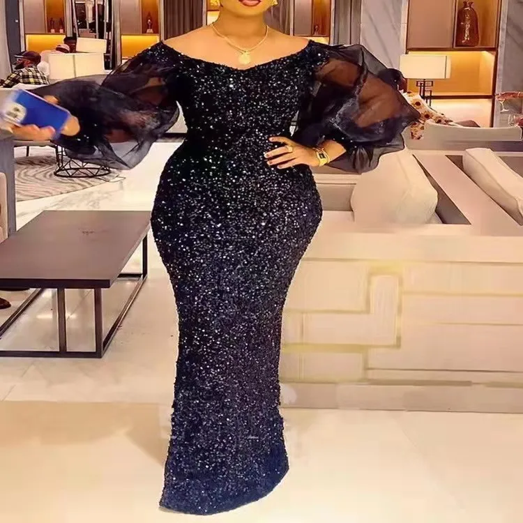 Elegant Women Black Mesh paneling Sequined Gown with puff sleeves Design, Party Evening Dress, Wedding Dress, Formal Dress,