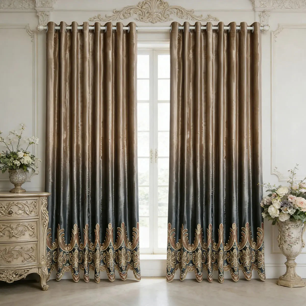 European Luxury Gradient Velvet Embroidered Curtains, Grommet Thermal Insulated Soundproof Drapes for Living Room Bedroom
