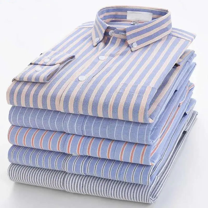 Chemise Oxford à manches longues pour hommes, chemise d'affaires décontractée, chemise rayée à carreaux sur la poitrine, col boutonné, document solide, bleu