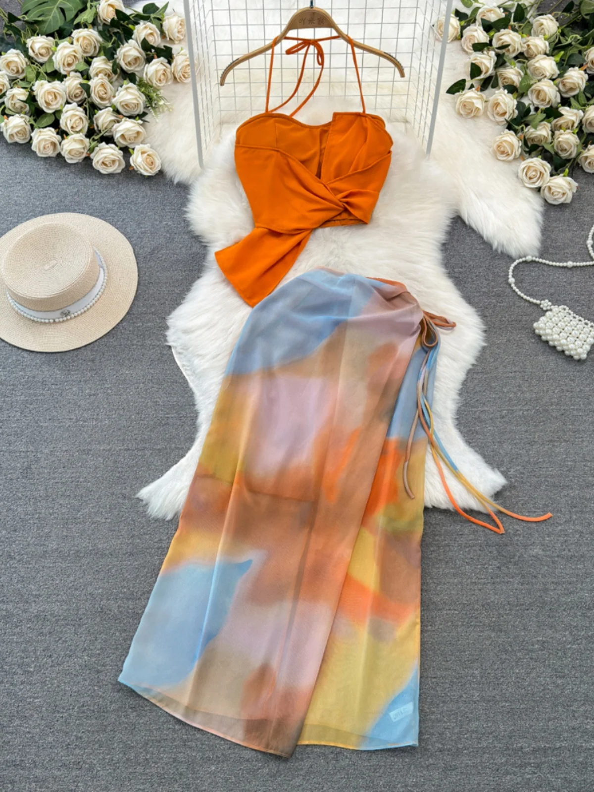 

Beach Vaion Faion Set Women's Hanging Ne Strap Vest Two-Piece High Waist adient Print Skirt Summer Outfit