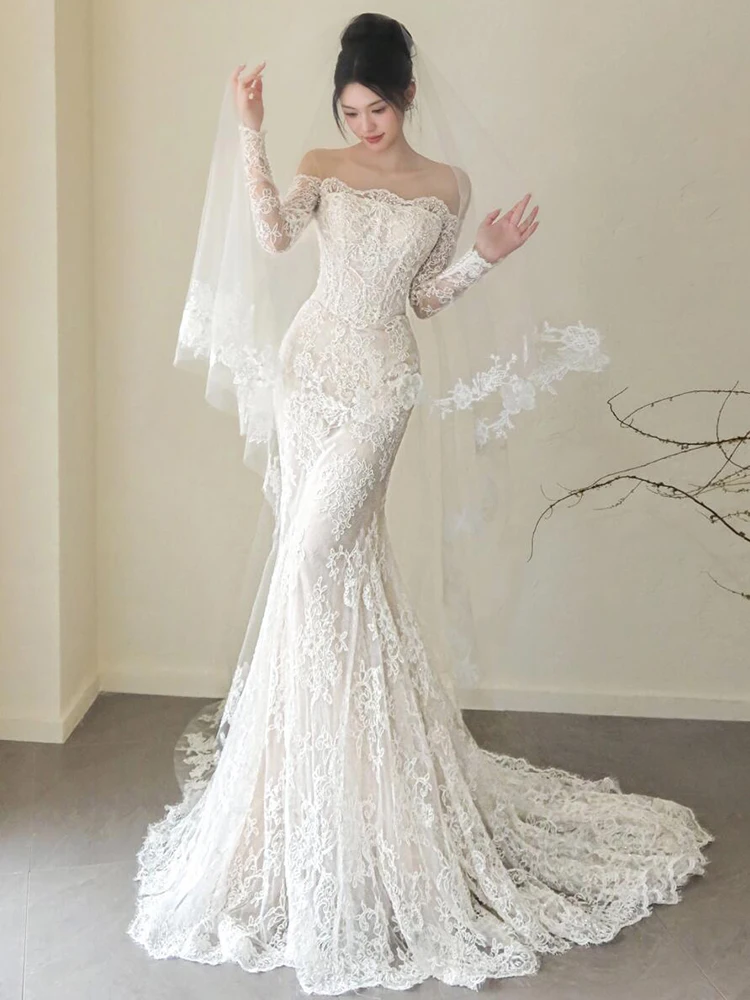 

Элегантное кружевное свадебное платье в винтажном стиле с длинным рукавом, на одно плечо, с шлейфом, для помолвки и свадьбы