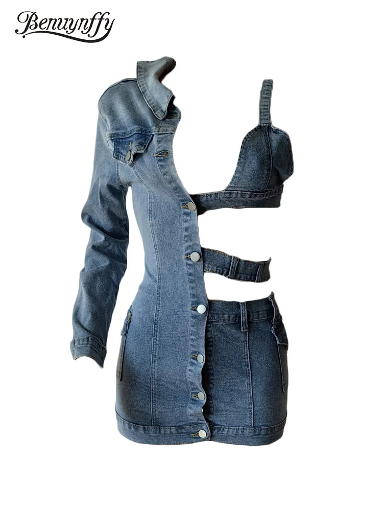 Benuynffy Deep V-neck Sexy Cutout Denim Dress Women Autumn New Single Breasted Elastic Fashion Long Sleeve Spring Mini Dresses