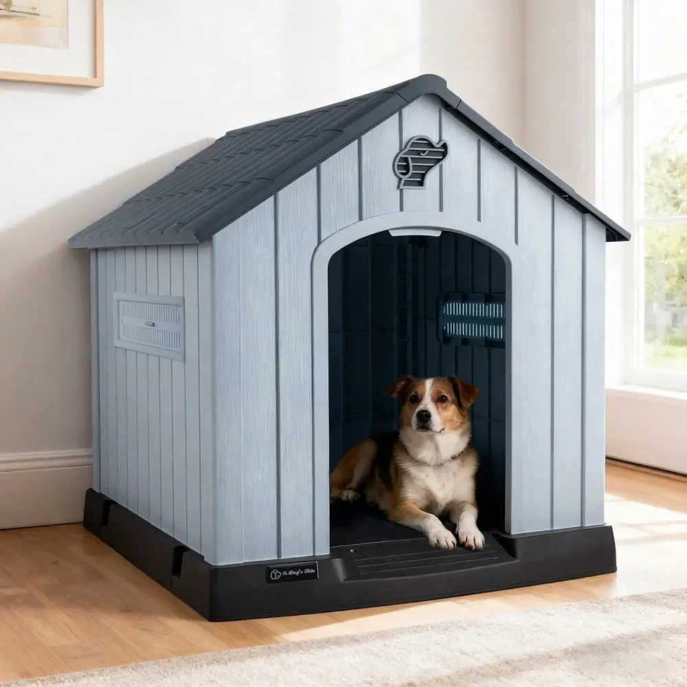 

Waterproof Plastic Dog House For Small To Large Sized Dogs, Indoor Outdoor Doghouse Puppy Shelter With Elevated Floor, Easy To