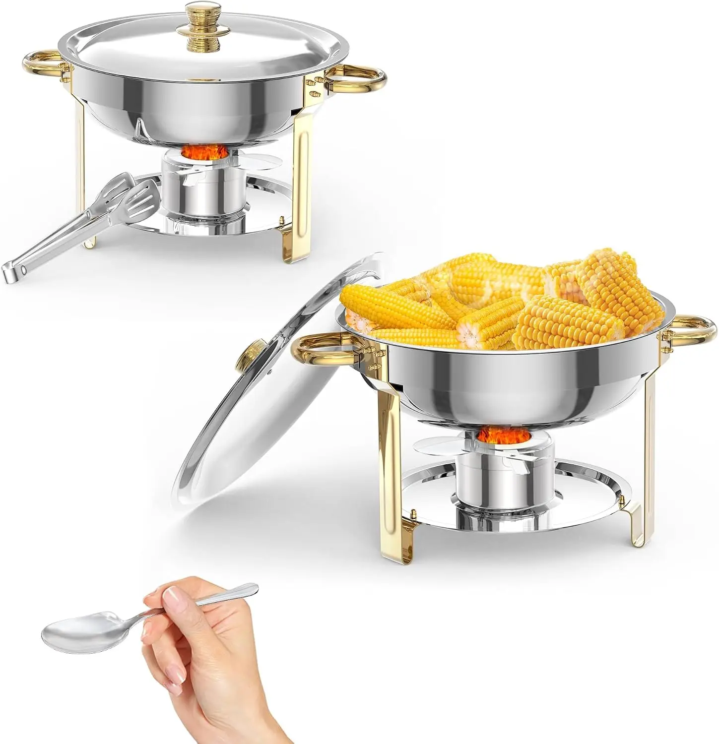 Tacleekii 5QT Round Stainless Steel Chafer 2 4 6 Pack Chafing Dish Buffet Set Food Warmers with Food & Water Pan, Lid, Frame, Fuel Holder for Catering, Parties, Events, Wedding, Camping, Dinner