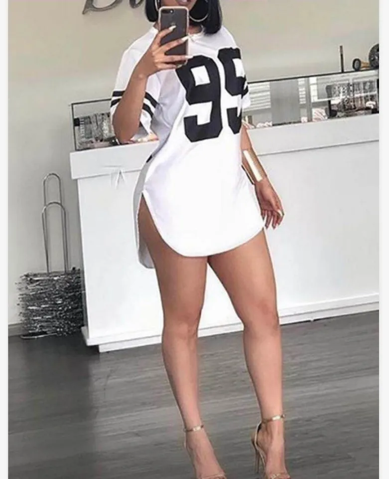 95 Pattern Print T-Shirt O-Neck Split Short Sleeve Sports Football Jersey Y2K Loose Oversized Street Retro Casual Tops