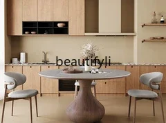 

Nordic solid wood rock slab round dining table with turntable round dining table minimalist retro high-end round table