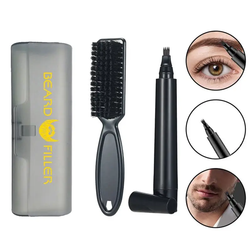 【ADORN】2X Kit penna per riempimento barba Matita da barbiere Impermeabile Strumento per lo styling della forma di riparazione naturale per baffi maschili a lunga durata (Nero)