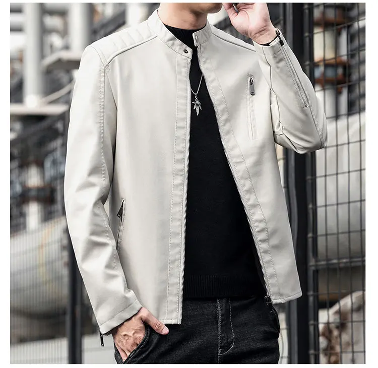 

New Fashion Men Spring Autumn Slim Fit Leather Jackets Stand Collar Casual PU Leather Coats Quality Male Motorcycle Thin Jackets